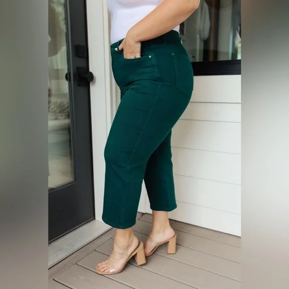 Judy Blue Tummy Control High Rise Wide Crop Denim Jeans | Teal - Picture 3 of 10